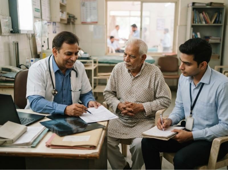 A Care Partner with a family at a doctor's consultation